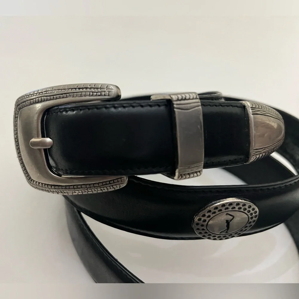 PGA TOUR Men’s Black Leather Silver Golf  Medallions Embellished Golf Belt